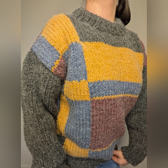 Cabincore M/L Patchwork Fisherman Style Knit Crewneck Size Medium/Large - Picture 4 of 17